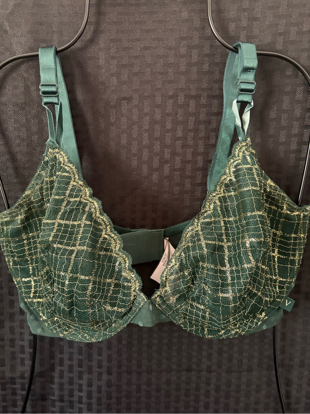 Victoria's Secret Dark Green Lace Underwire Bra with Gold Accent